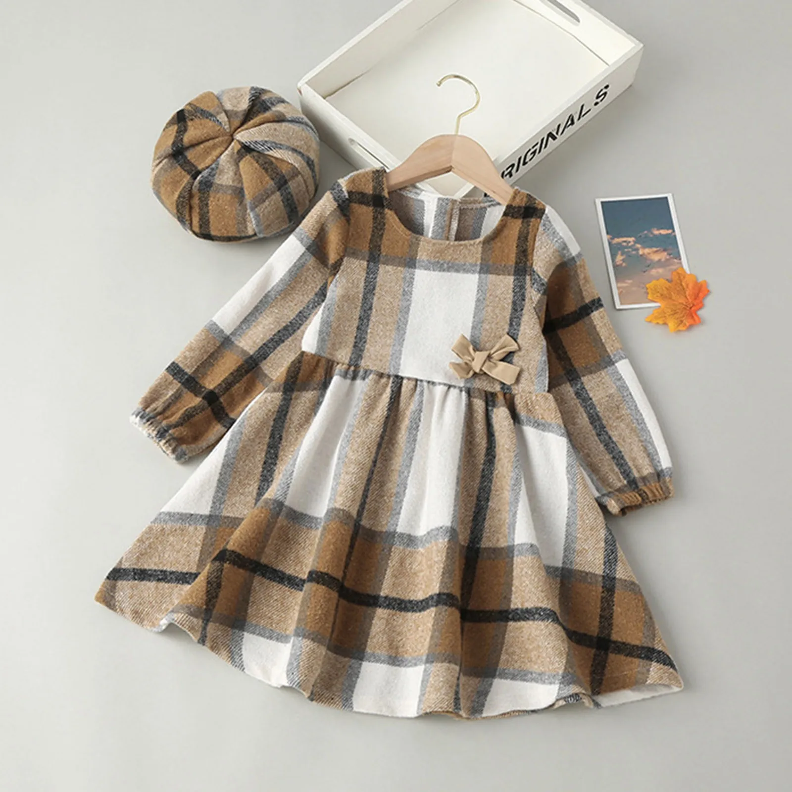 

Одежда для маленьких девочек, клетчатое платье для маленьких девочек, повседневные платья с длинным рукавом, шапка принцессы, осенне-зимнее рождественское платье для девочек, Размер 12