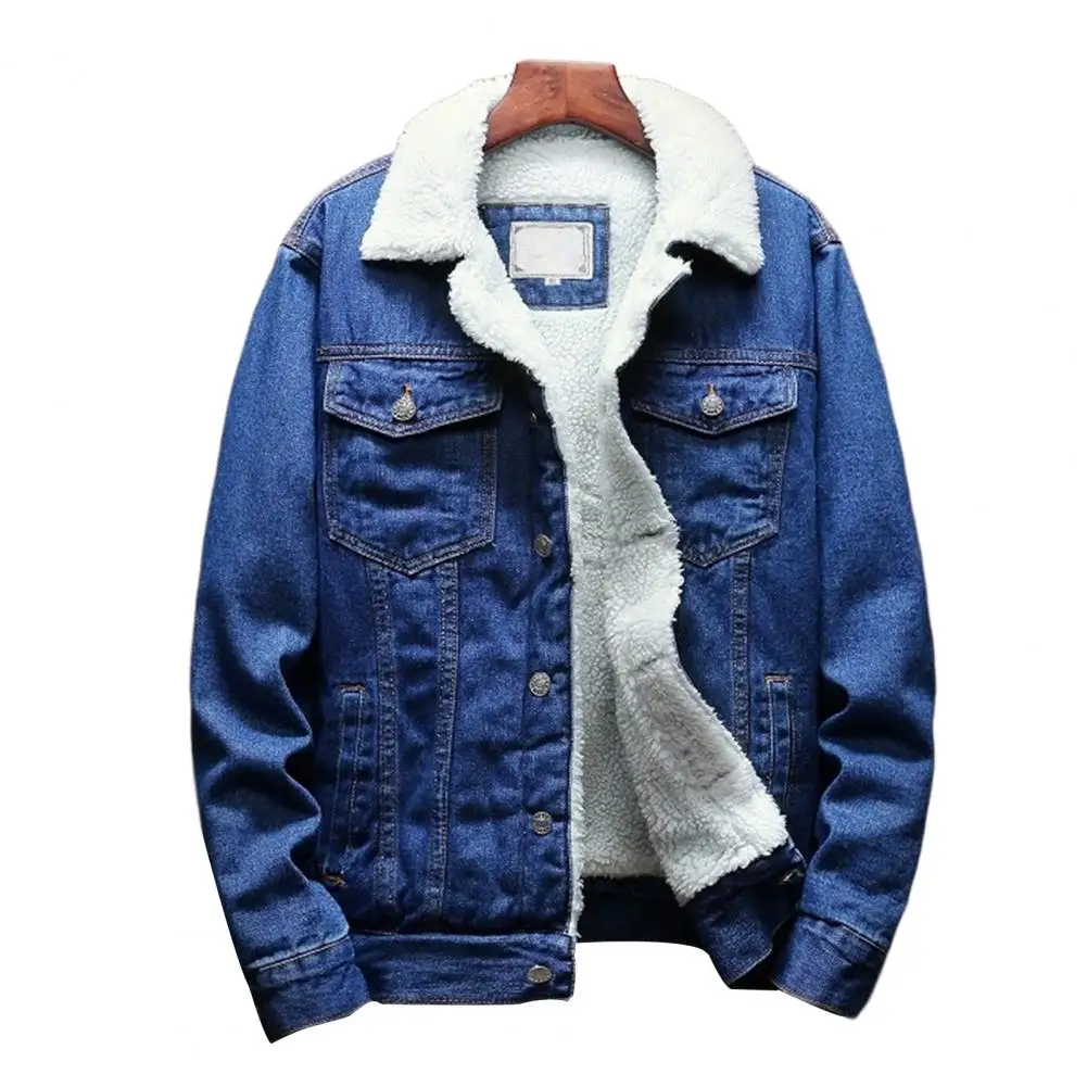 

Plus Size Men Jean Jacket Thicken Lamb Cashmere Lining Solid Color Coldproof Outerwear Winter Single Breasted Denim Coat Streetw