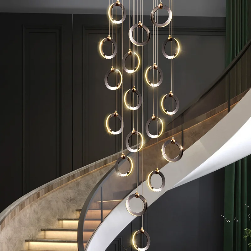 

New ring aluminum chandelier villa spiral staircase chandelier living room decorative lamp family lighting modern led luster