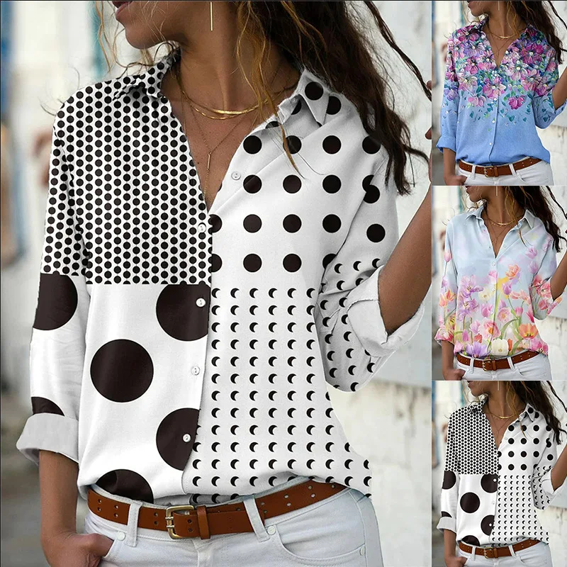 

Женская однобортная рубашка-поло с длинным рукавом и цветочным принтом