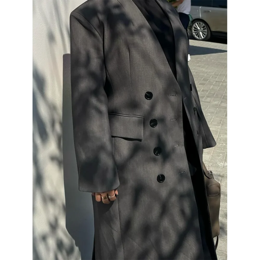 Серый двубортный плащ с V-образным вырезом Женская длинная куртка облегающее