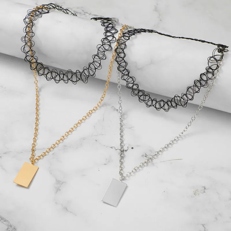 

Vintage Rectangular Pendant Multi-layered Lace Necklace Choker for Women
