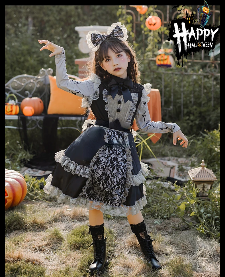 

Halloween Costume COS Children's Laurie Lace Dress Dark Gothic Witch Girl Lolita Maid Halloween Costumes for Women girl clothes