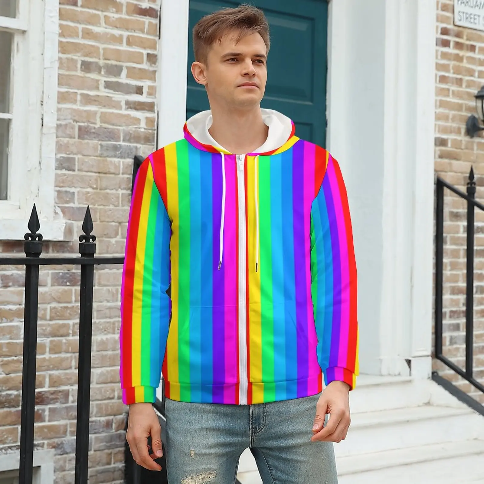 

Rainbow Striped Loose Hoodies Men Colorful Print Classic Hoodie Winter Long Sleeve Kawaii Design Tops Big Size 4XL 5XL