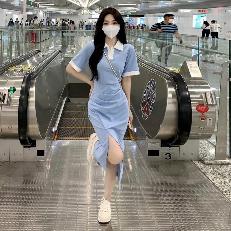 

Polo collar dress women's summer 2022 new design pleated split slim temperament short sleeved long skirt