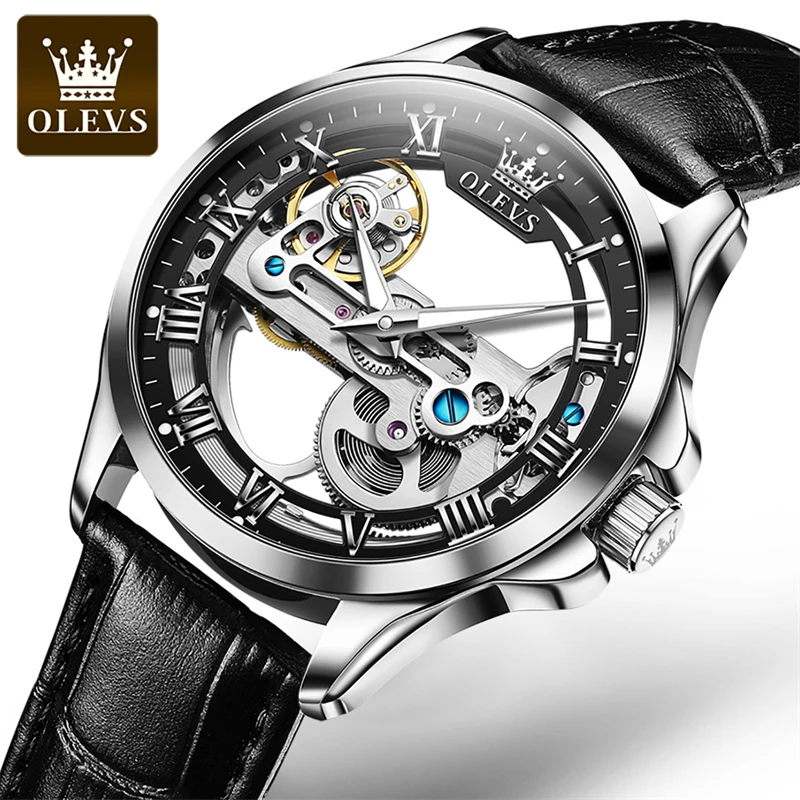 OLEVS Fashion Skeleton Mechanical Watch Men Leather Waterproof Luminous Hands Steampunk Transparent Automatic Watches for Mens