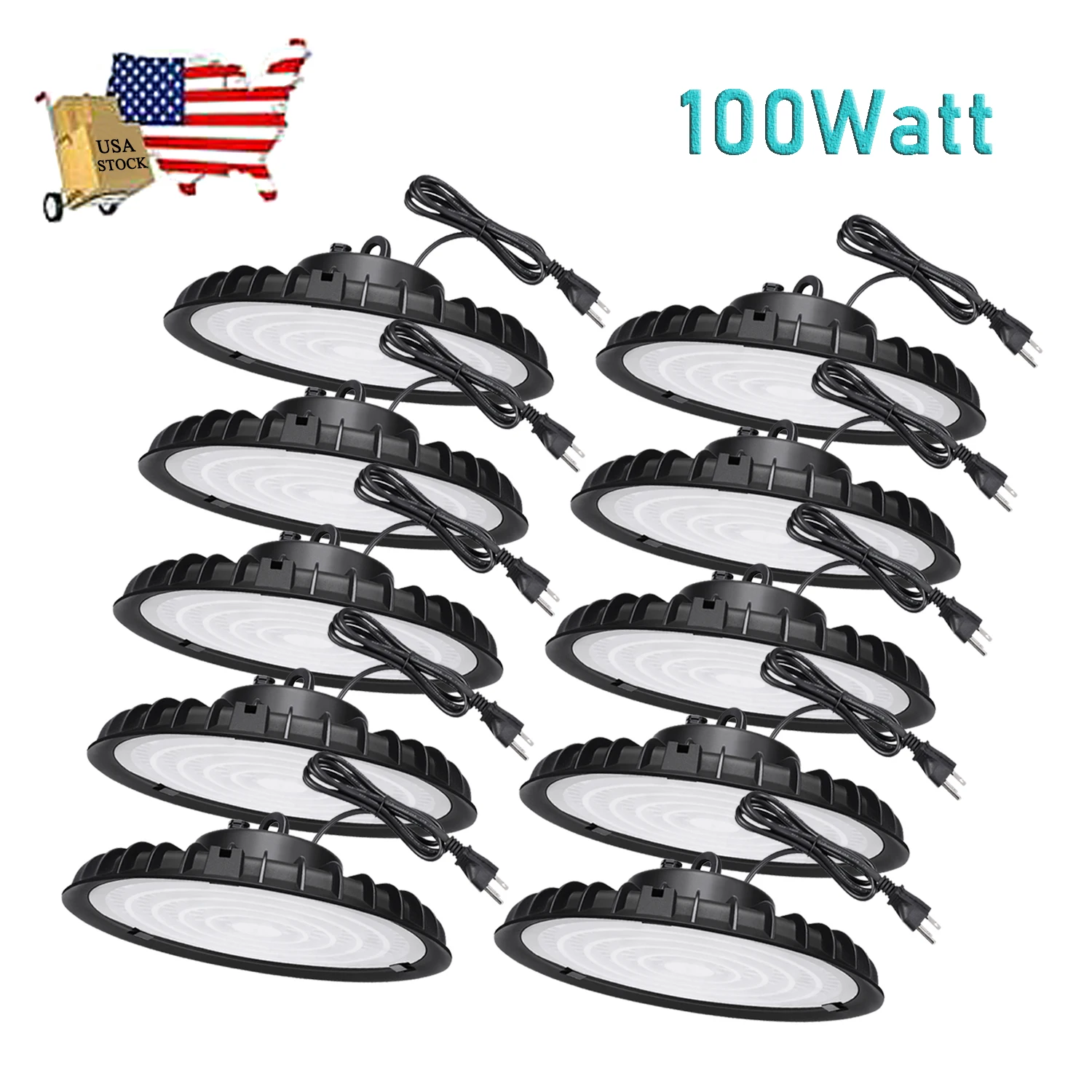 AC220V UFO High Bay Light 10 Pack 100W IP65 Waterproof Warehouse Garage Light Super Bright Commercial Industrial Lighting 110V