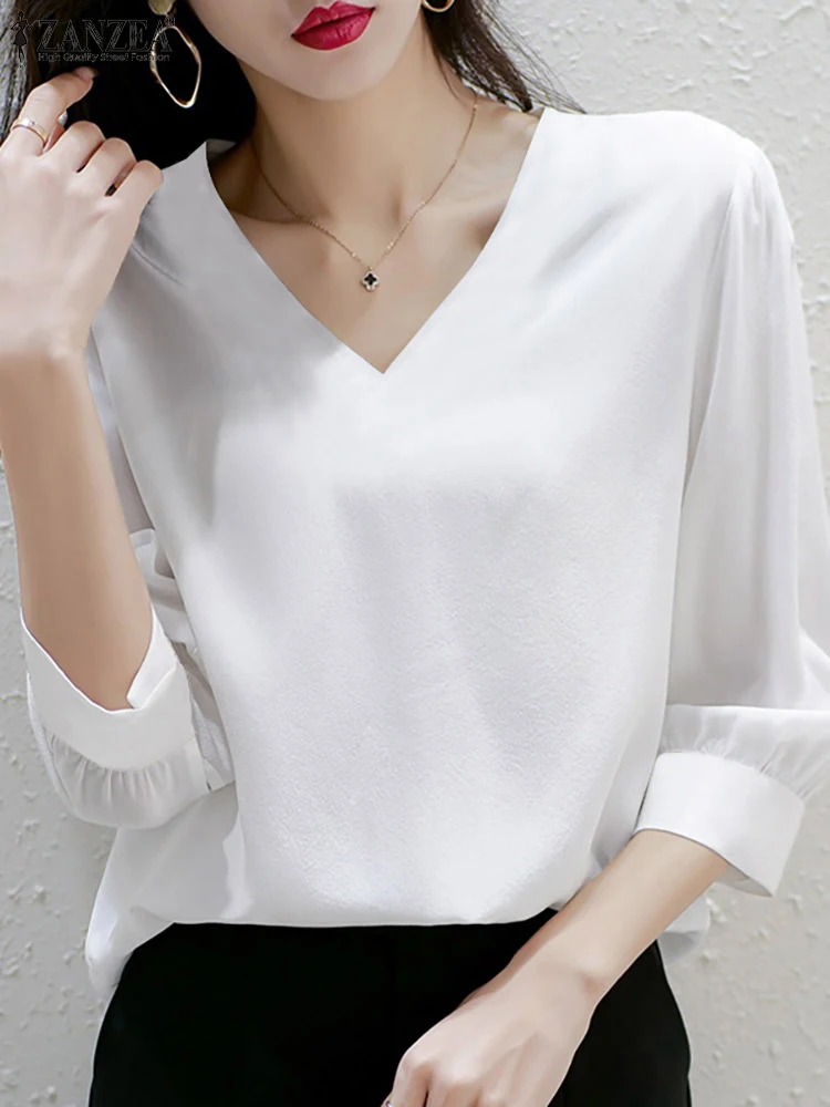 

ZANZEA Fashion V Neck Work Shirt Women Blouse Summer Casual Baggy Tops Female 3/4 Sleeve Work Blusas OL Chemise Mujer Femme