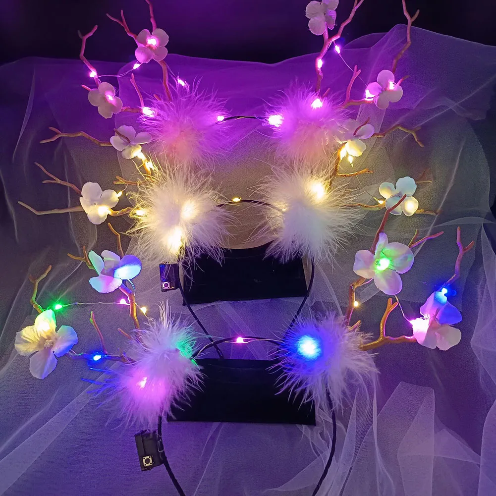 

1PCS Flower Feather Luminous Headpiece Christmas Headband Antler Headband Glowing Wreath For Wedding Party Christmas Hair Hoop