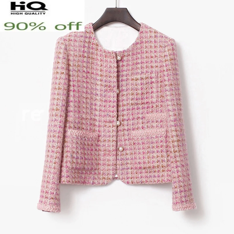 

tweed Pink spring /autumn / winter temperament women's jacket One piece round neck coat