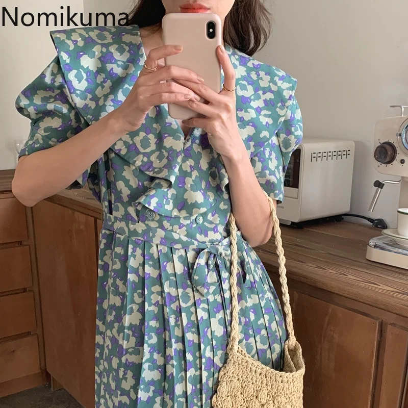 

Nomikuma Vestidos Elegantes Para Mujer Puff Sleeve Drawstring Pleated Ruffles Patchwork Robe Femme Retro Fashion Vestidos Mujer