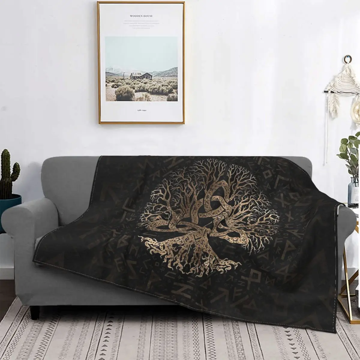 

Art Blanket Flannel Decoration Tree Of Life With Triquetra On Futhark Pattern Portable Home Bedspread