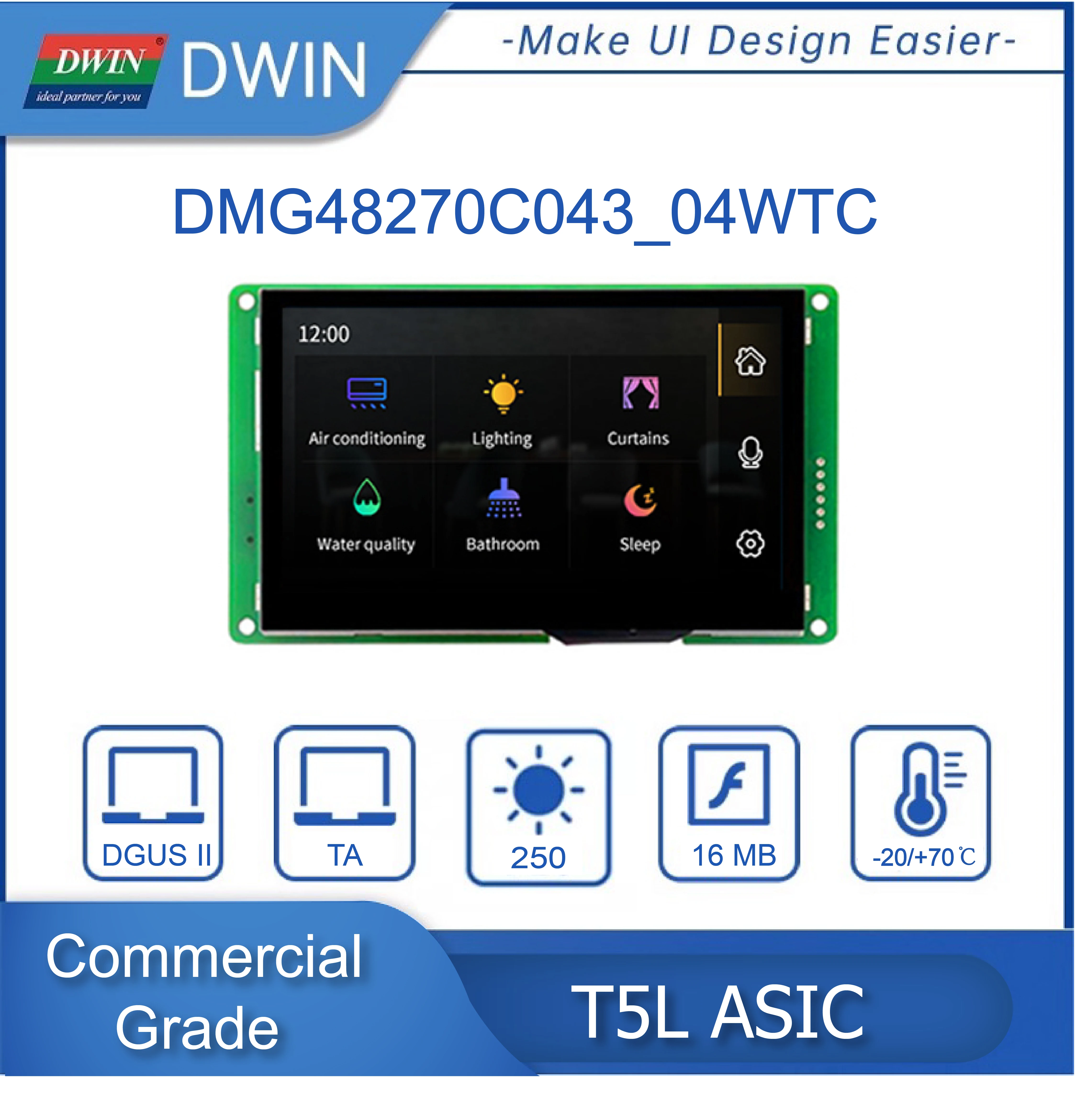 DWIN 4.3 Inch Display Capacitive Touch Screen, 480*RGB*270, HMI Module, Commercial Grade, TV-TN-TFT-LCD - DMG48270C043_04WTC