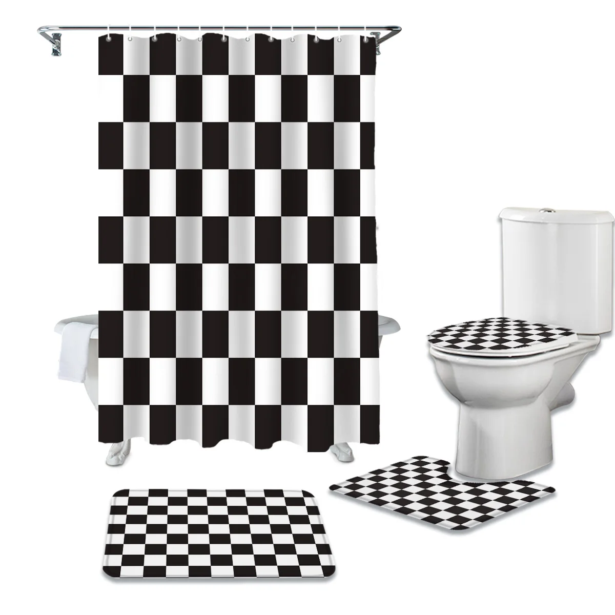 

Black And White Lattice Plaid Shower Curtain Set Carpet Cover Toilet Cover Bathroom Mat Bathroom Household