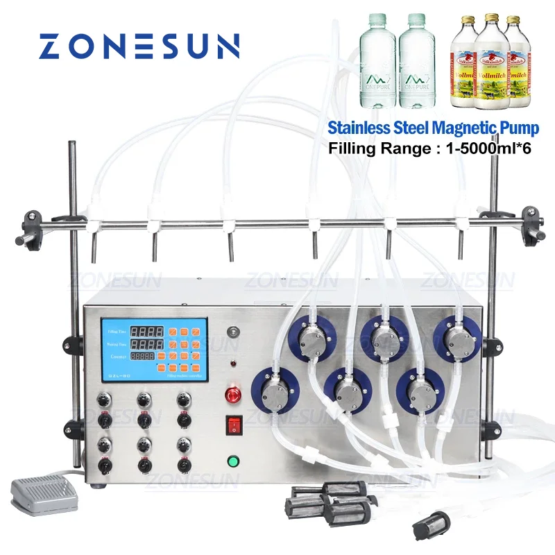 

ZONESUN Liquid Filling Machine Digital Magnetic Pump Beverage Perfume 6 Nozzles Water Filler Juice Essential Oil Bottle