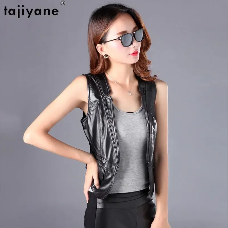 Женская короткая куртка без рукавов Tajiyane черный кожаный жилет из натуральной