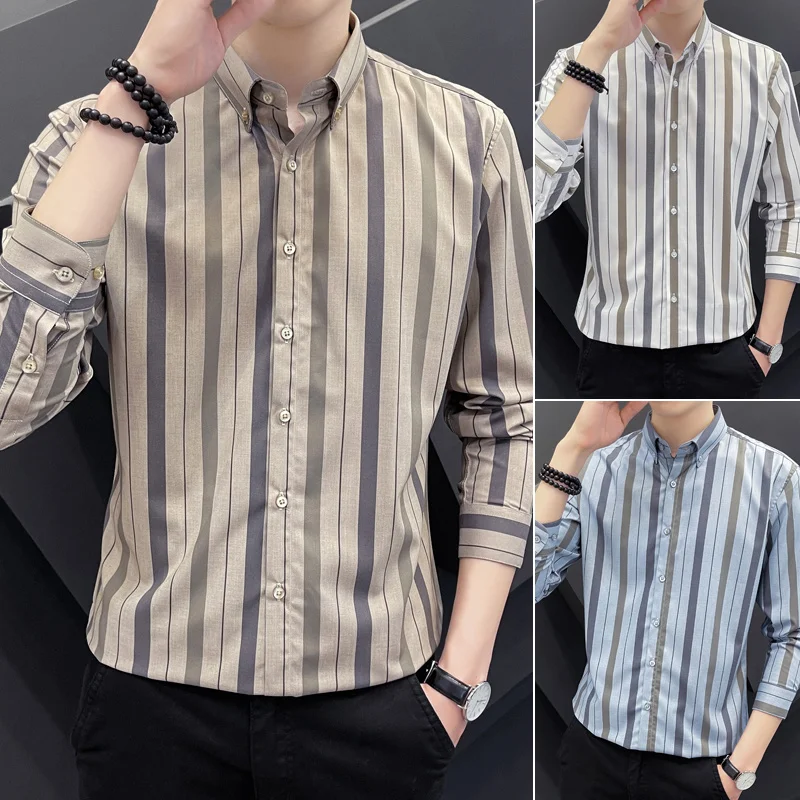 

New Men's Long Sleeve Shirts Striped Print Shirts Business Casual Outdoor Daily Shirts Slim Long Sleeve Shirts