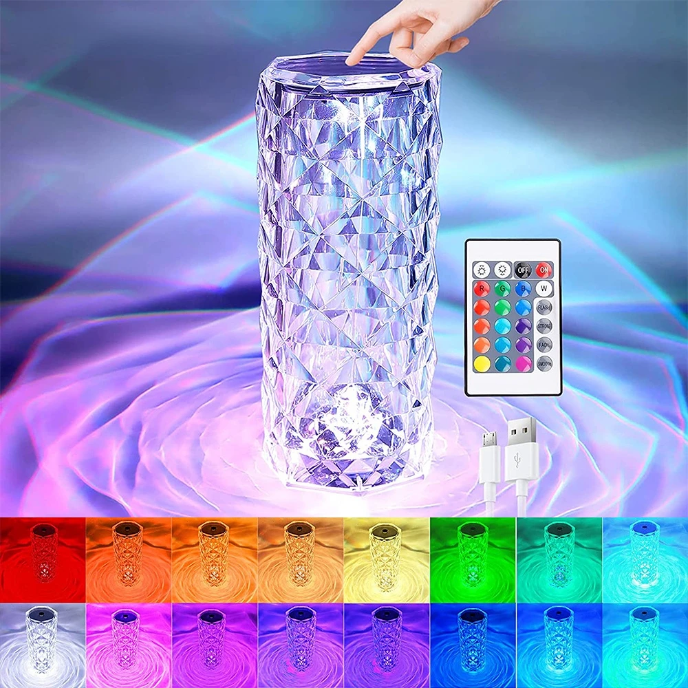 Led Crystal Rose Lamp Ins Wind Diamond Lamp Bedroom Dining Room Nightlight 3/16 Color Touch-adjustable Romantic Ambiance Lamp