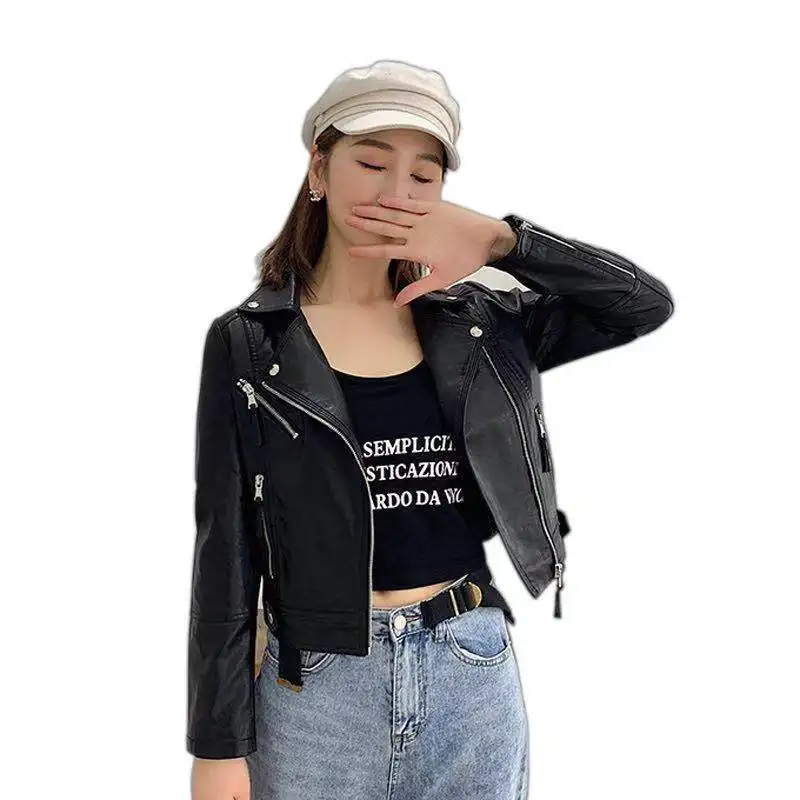 Lapel zipper 2023 spring and autumn clothes new small leather short slim-fit coat