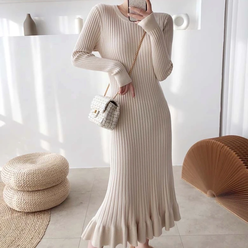 

Autumn and Winter Wear New Long Over-the-knee French Knit Dress with Overcoat Base