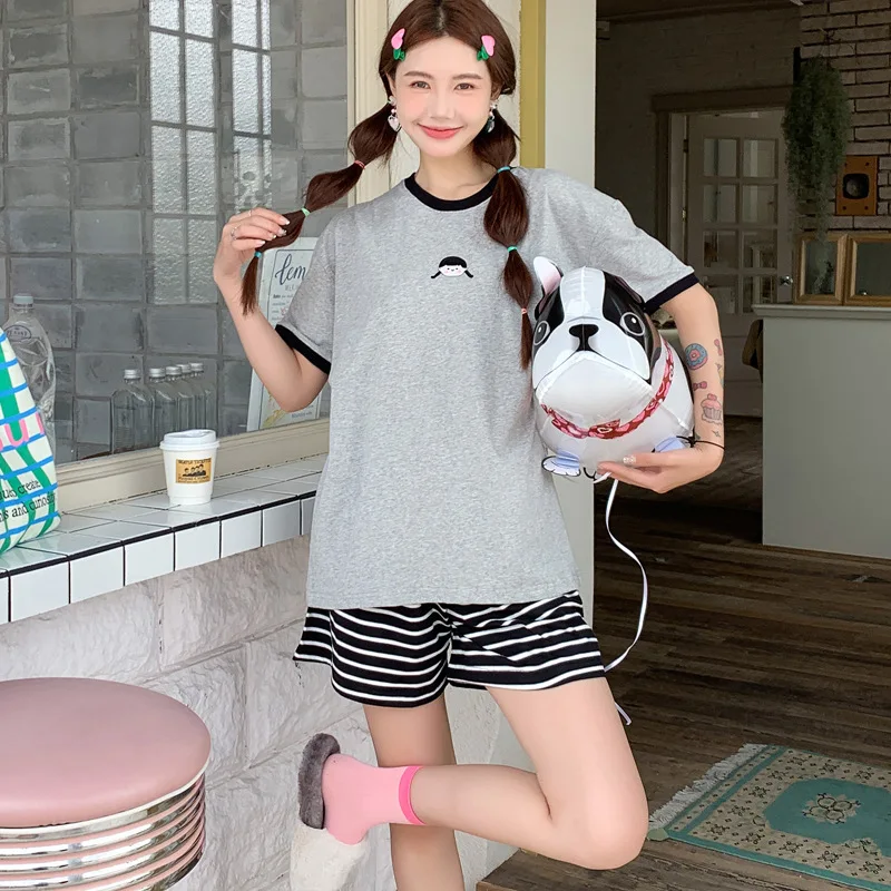 Women's Pajamas Summer Thin Section Cotton Loose Home Service Suitwith Round Neck Comfortable and Cute Literary Style Sleepwear