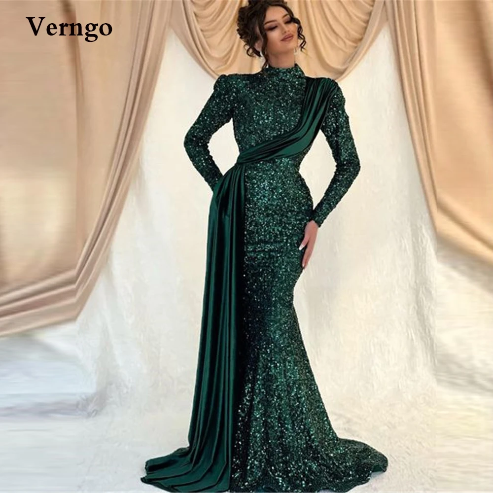 Verngo Sparkly Green Sequin Mermaid Prom Dresses Long Sleeves High Neck Overskirt Satin Dubai Women Formal Evening Gowns