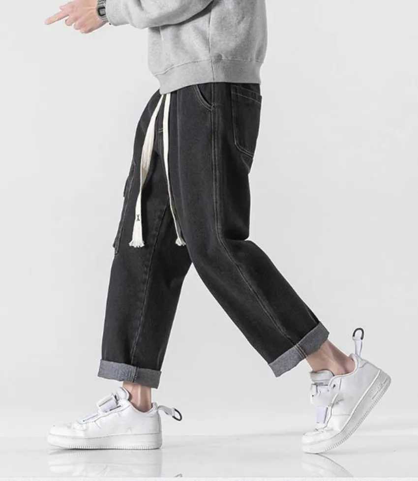 Men's loose Jeans Workwear Multi-pockets Cargo Straight  Vintage Denim Drawstring Pants Japan Korea Casual Biker Long Trousers