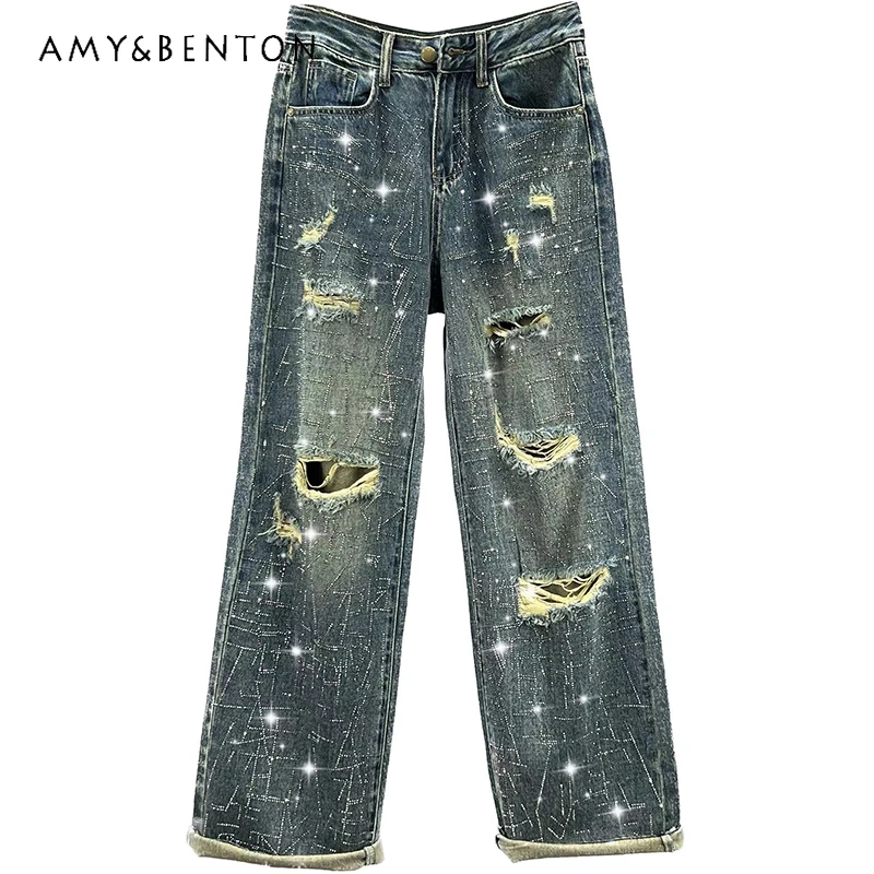 

Ripped Jeans For Women Baggy Pants 2023 New Early Autumn High Waist Denim Pants Loose And Slimming Rhinestone Wide-Leg Trousers