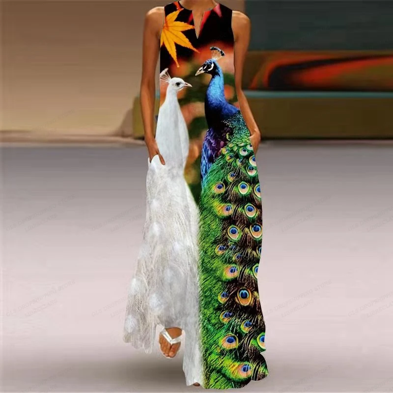 

Новинка 2023, роскошное платье с принтом павлина, Свободные повседневные длинные платья без рукавов, женское вечернее богемное пляжное платье, платья, халаты