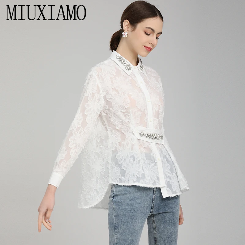 MIUXIMAO 2022 Spring/Summer Women's Clothing Lapel Long Sleeve Slim Waist Solid Shirt Fashion Elegant Office Style  Womens Tops