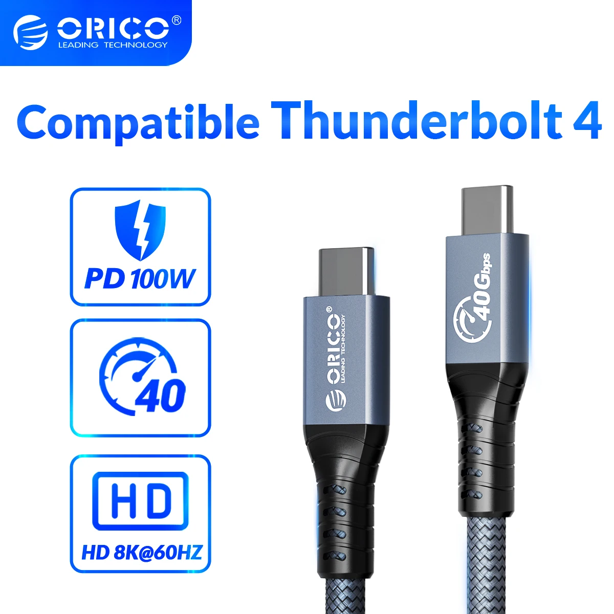 ORICO PD USB Cable for Thunderbolt 4 Video 8K@60Hz 40Gbps Data Transfer 100W Fast Charging Nylon Braided 2M for Macbook Samsung