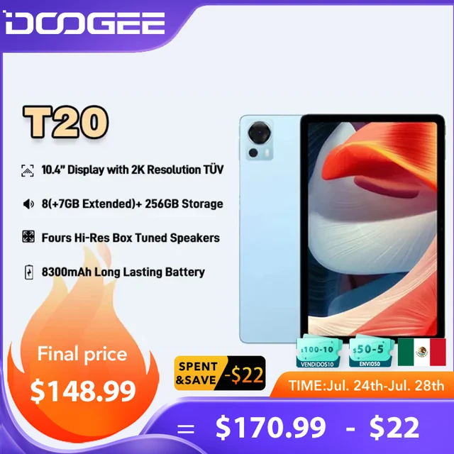 Планшет DOOGEE T20 10,4-дюймовый дисплей с сертификацией 2K TÜV, 8 ГБ + 256 ГБ, 8 ядер, Widevine L1, четыре динамика высокого разрешения, 8300 мАч 1