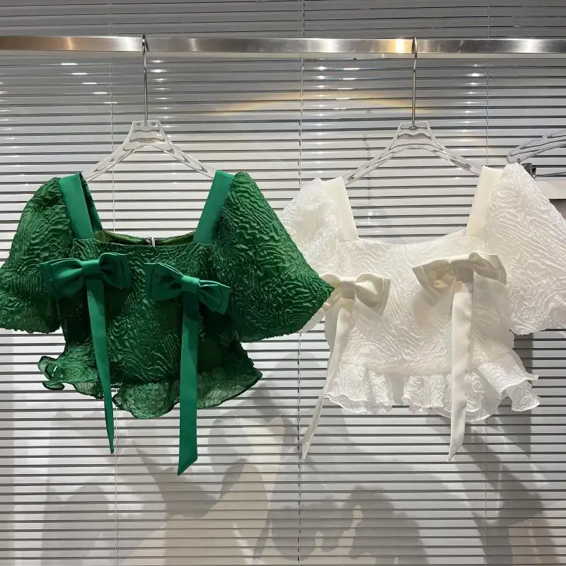 

2022 Summer New Crop Top Women Square Collar Bow Fold Fabric Shirt Fashion Green Blouse Short Sleeve Slim Shirts Woman Blouses