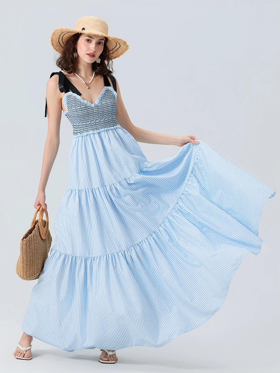 Платье женское летнее трапециевидное в полоску без рукавов с принтом