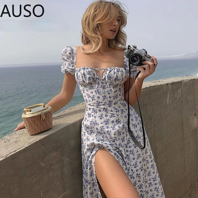 

Summer Sexy Floral Print Dress Women Party Long Dresses Puff Short Sleeve Elegant Club Dress Sweet Laides Chic Maxi Dresses