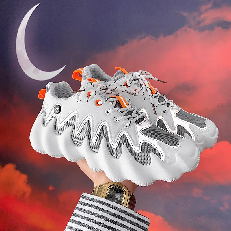 Trendy Men's Shoes Reflective Thick Bottom Platform Sneakers Breathable Stretch Mesh Men's Shoes Lightweight Running Footwear