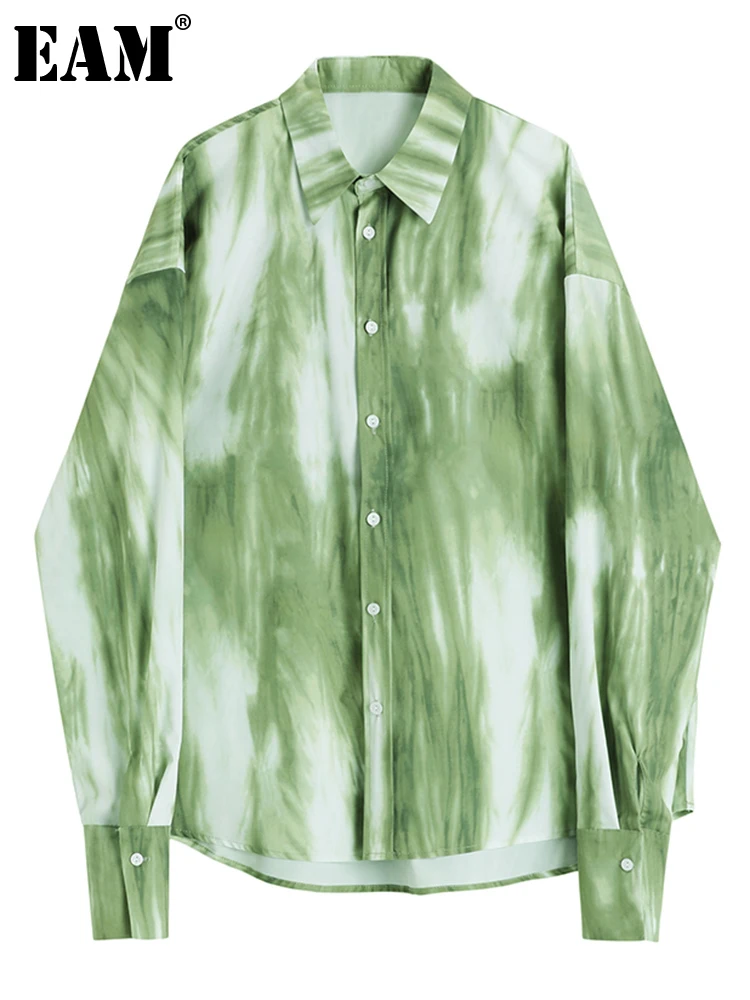 

[EAM] Women Green Printed Casual Big Size Blouse New Lapel Long Sleeve Loose Fit Shirt Fashion Tide Spring Autumn 2022 1DE6535
