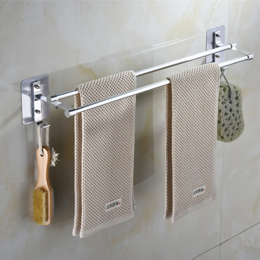 towel hanger bars 40 60cm 2 pole punch free shower clothes hanging wall rack silver aluminum holder hook bathroom accessories free global shipping