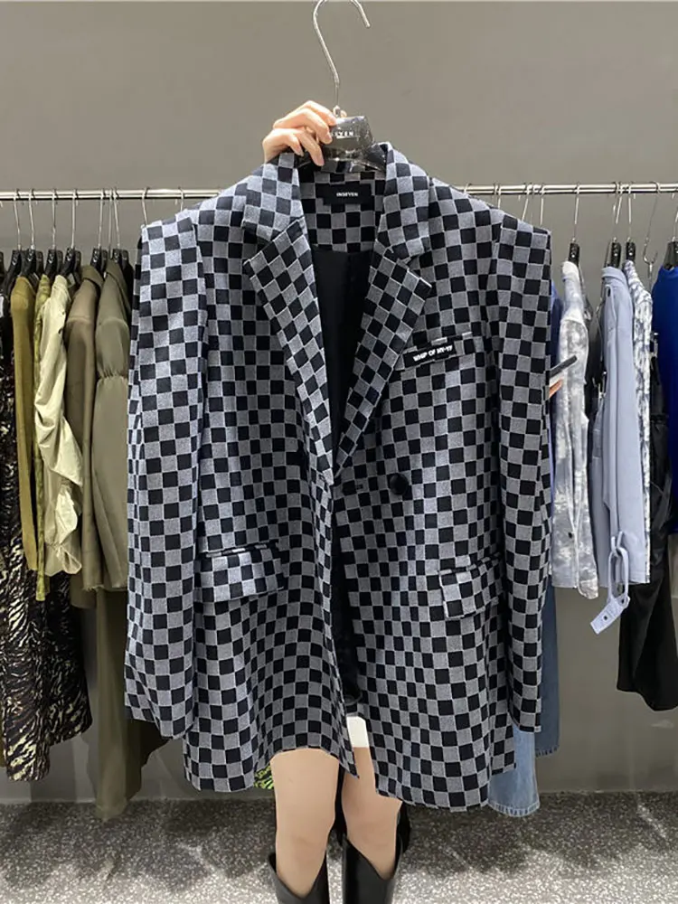 

Women's Oversized Jacket Plaid Retro Design Checkerboard Straight Shoulder 2022 Spring/autumn Western Style Suit Women Blazer
