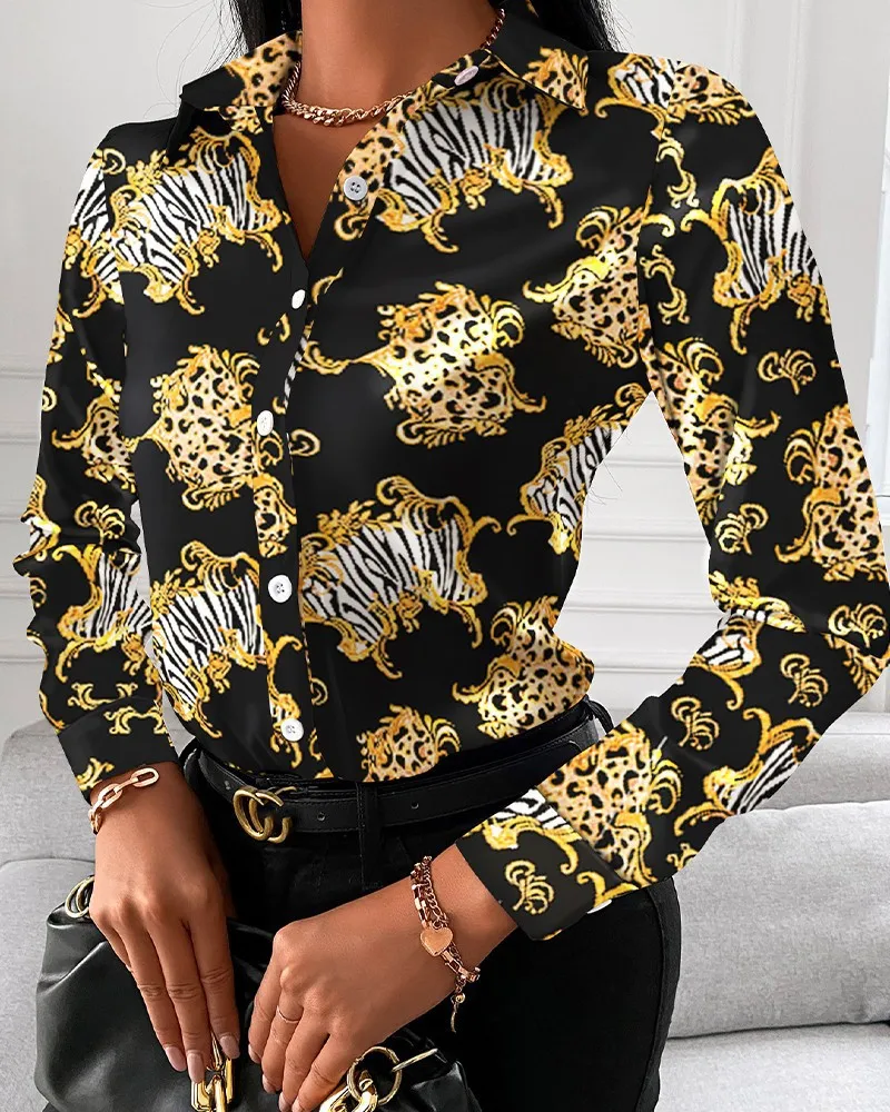 

Casual V Neck Shirts Button Up Blouse Women Chain Print Autumn New Fashion Long Sleeve Tops Shirt Casual Blouses