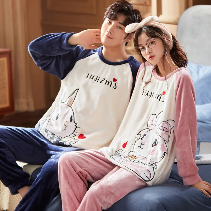 Flannel Thickened Pajamas Set for Couple Men and Women' Pajamas Hooded Suit Coral Fleece Home Service Couple Pajamas Sleepwear
