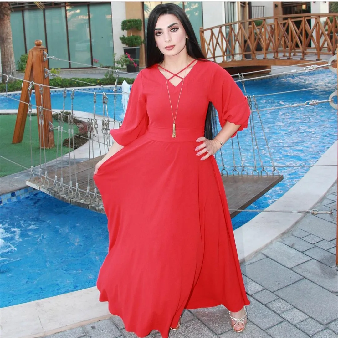 

Женское шифоновое платье-трапеция, Элегантное Длинное Красное платье до пола в мусульманском стиле с V-образным вырезом для выпускного вечера