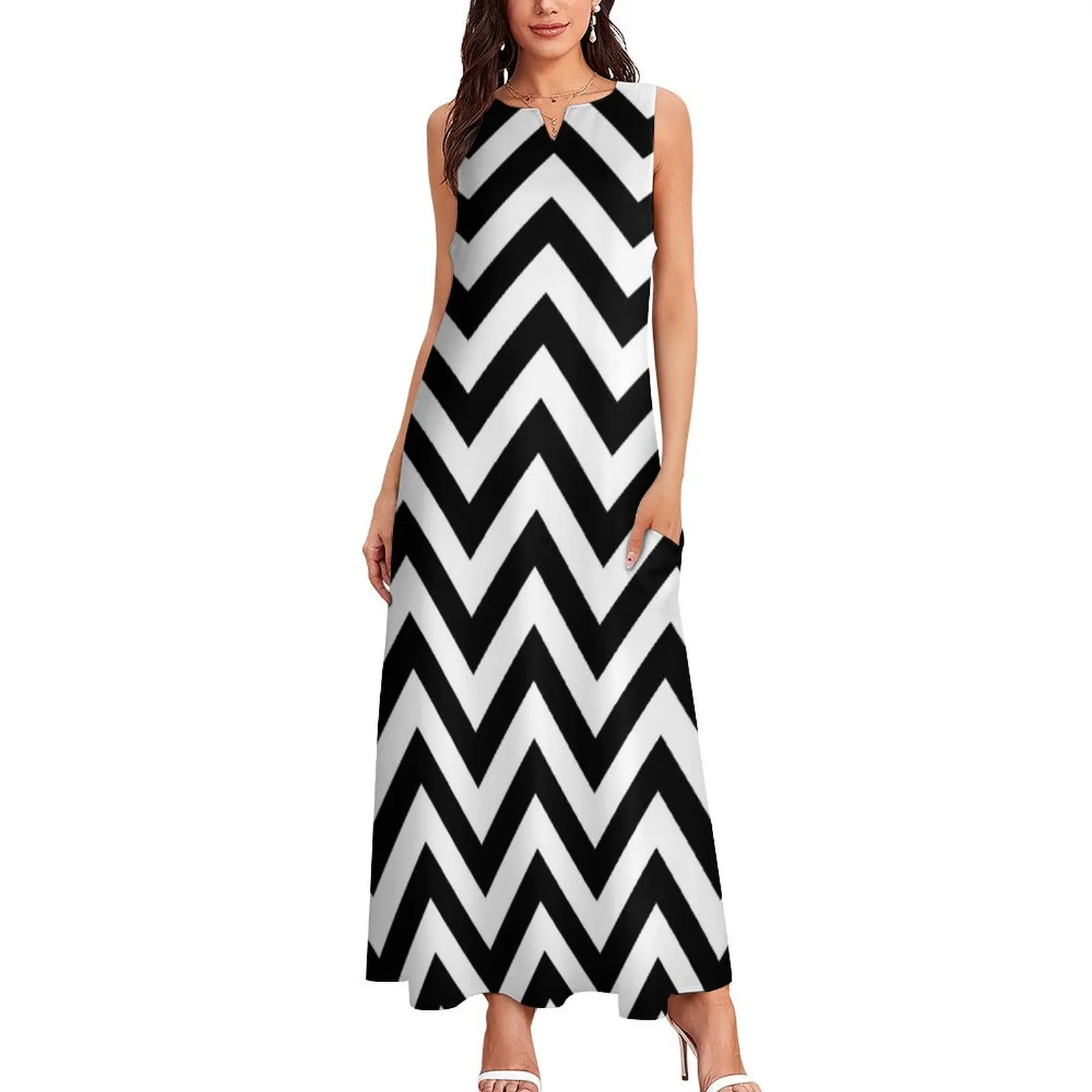 Черно-белое длинное платье с зигзагообразным дизайном вечерние платья женское