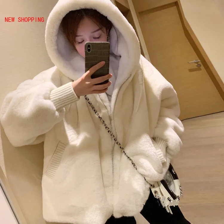 2021 New Faux Fur Imitation Fur Women Coat Hooded Short Casual Oversized Soft White Mink Coat Fake Rabbit Fur Coat Fashion Women