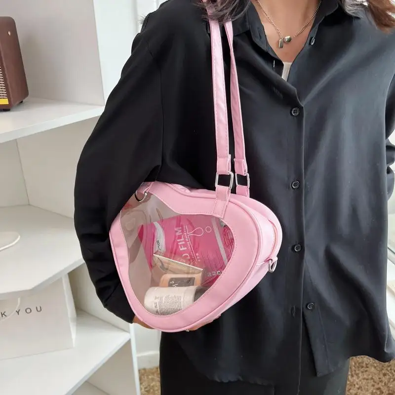 

New Women Transparent Shoulder Bag FashionLove Heart Shaped PVC Clear Lady Underarm Casual Daily Travel Handbag Totes Purse