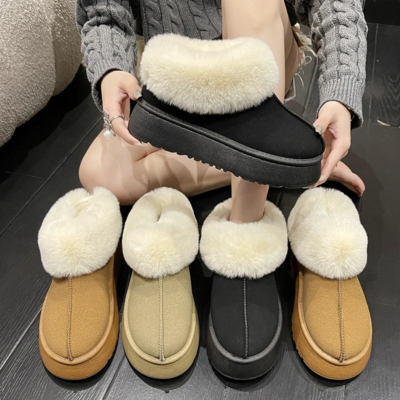 

2023 New Brand Fur Short Plush Warm Flats Slippers Ankle Snow Boots Women Winter Platform Shoes Flip Flops Suede Botas