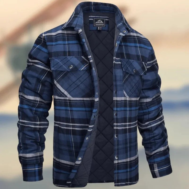 

New Style Long Sleeve Lapel Plaid Padded Shirt Men's Jacket