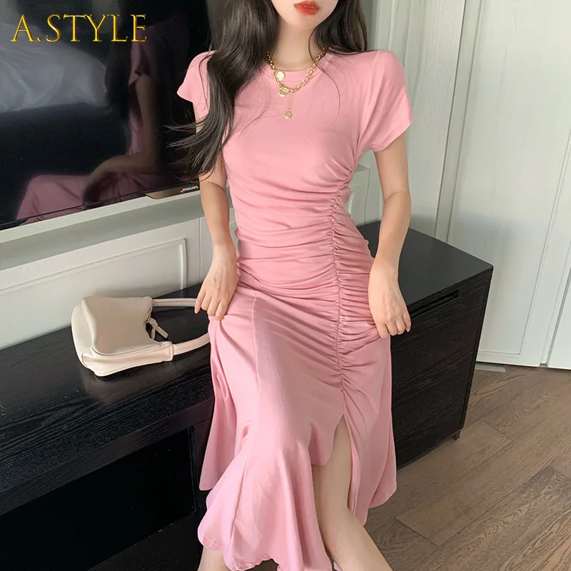 

Elegant Vintage Dress French Solid O-Neck Shirring Slim Midi Dress Office Lady Korea Style Casual Thin Women Dresses Summer 2021