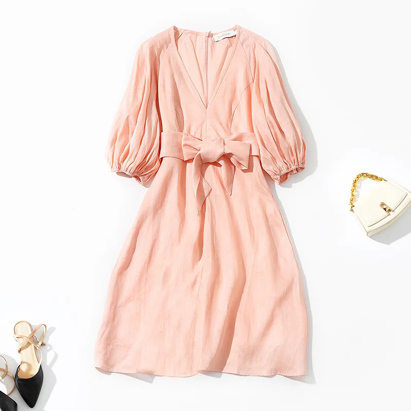 

Женская одежда в европейском и американском стиле, весна 2022, новое модное розовое льняное платье с рукавом три четверти и V-образным вырезом ...