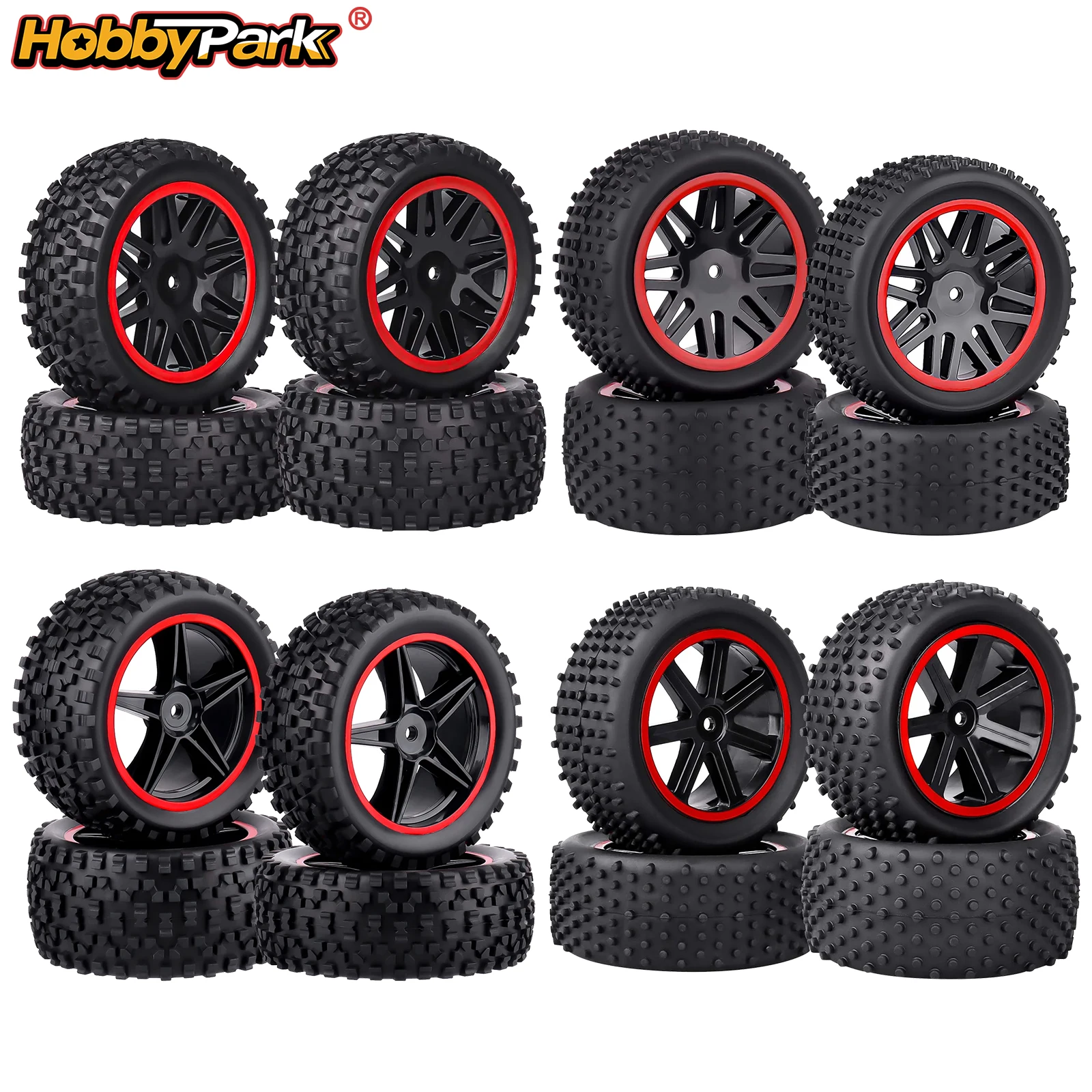 Фото Комплект предварительно склеенных шин и колес HobbyPark для радиоуправляемых багги 1/10, высота 3,46 дюйма (88 мм), для Traxxas Bandit, Wltoys 144001, Losi, Redcat №1